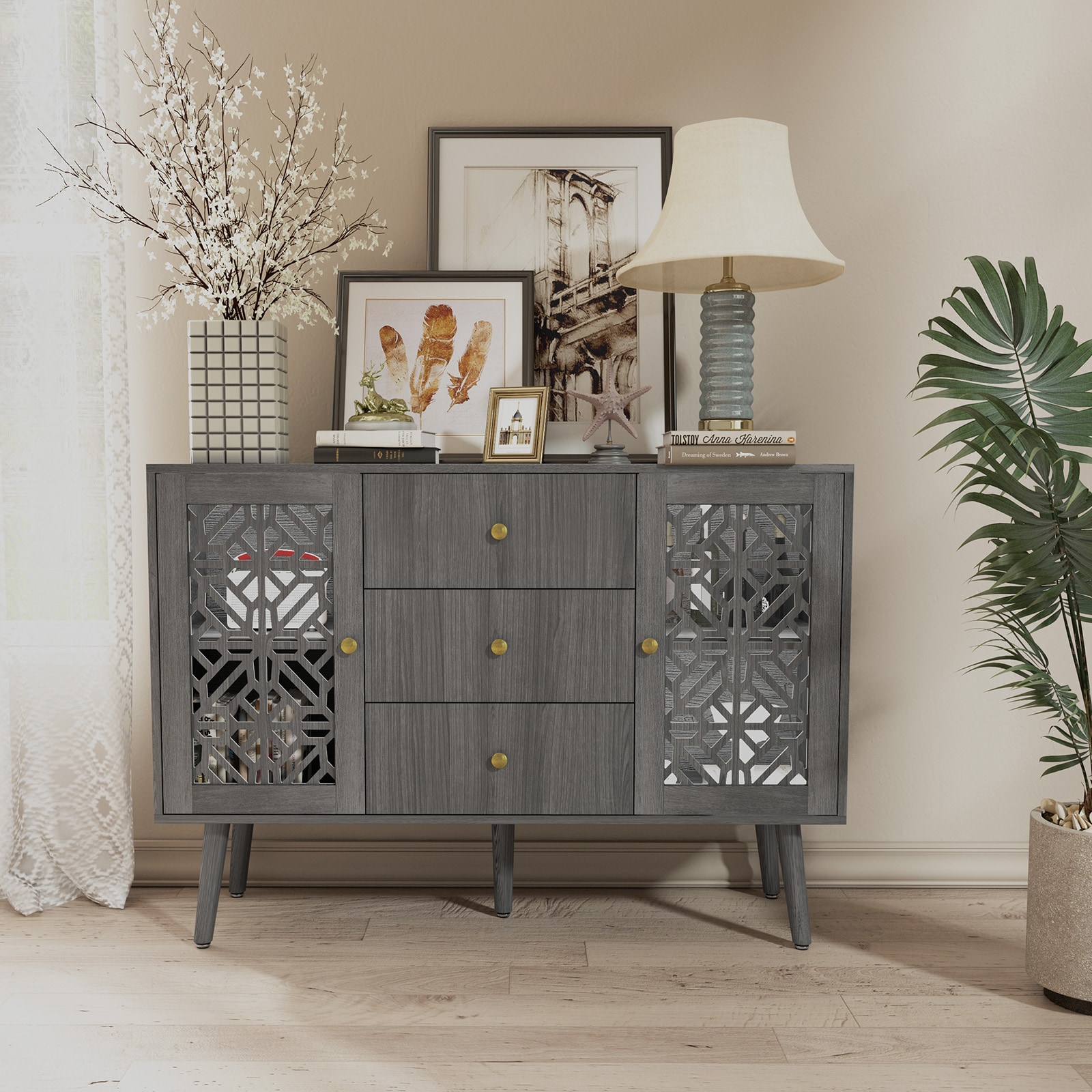 Accent Cabinet With Drawers And 2 Doors, Retro Hollow Carved Buffet Cabinet, Sideboard With Storage, Credenza For Living Room, Kitchen, Dinning Room, Hallway_voghion.com